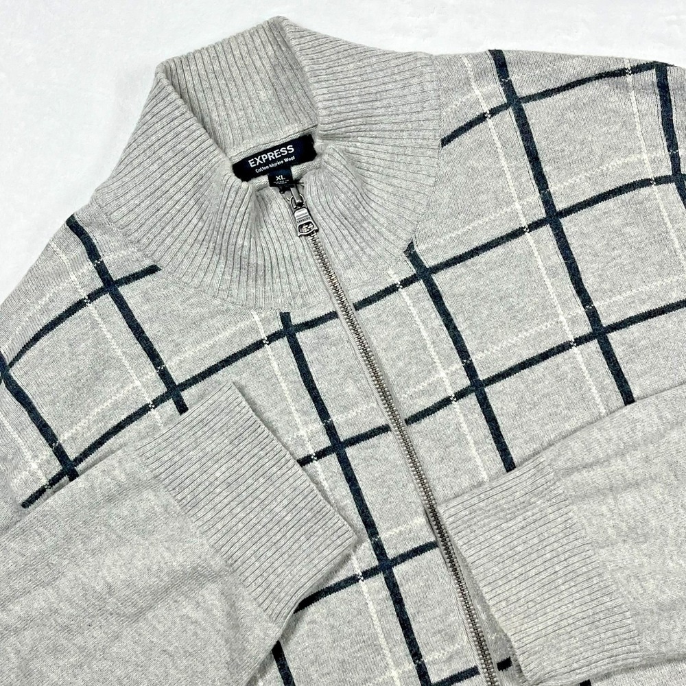 Express Full Zip Sweater Mens XL Grey Cotton Merino Wool Windowpane Mock Neck